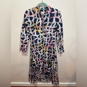 Busayo Abstract Printed Midi Shirt Dress High Low Hem XS Navy Pink Yellow